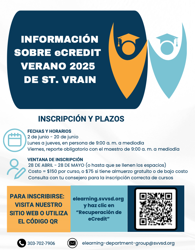 Information flyer about eCredit programs for Summer 2025 at St. Vrain, including dates, costs, and registration details.